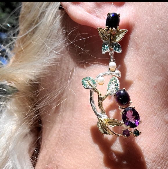 INCREDIBLE fancy Floral Black Opal Aquamarine Amethyst Kyanite & Pearl earrings - Picture 7 of 11